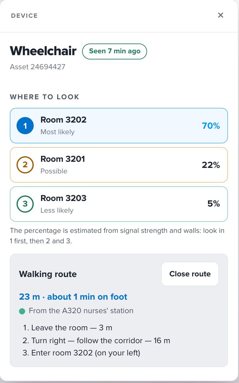 Blyott phone app showing where to look for a wheelchair and the 23-metre walking route